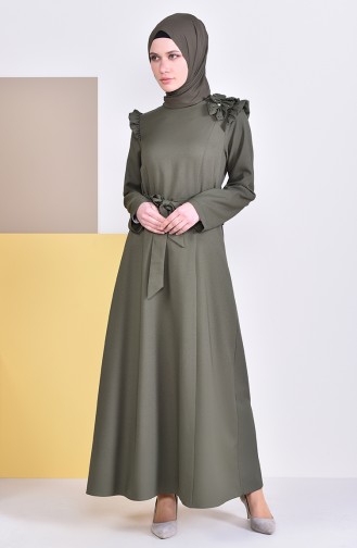 فستان بتصميم حزام للخصر مزين باحجار لامعة 0228-06 لون اخضر كاكي 0228-06