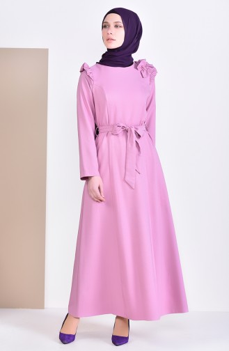Stone Detailed Belted Dress 0228-04 dry Rose 0228-04