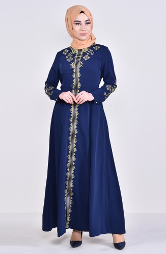MISS VALLE  Embroidered Zippered Abaya 8981-02 Navy 8981-02