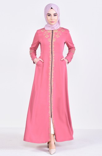 Besticktes Abaya mit Reissverschluss 8981-03 Puder Rosa 8981-03