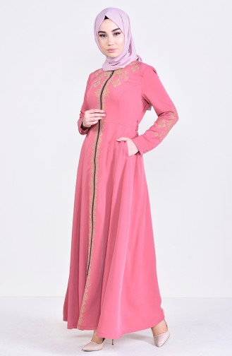 Abaya Brodée a Fermeture 8981-03 Rose Pâle 8981-03