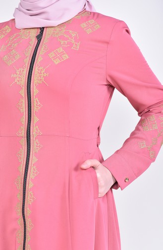 Besticktes Abaya mit Reissverschluss 8981-03 Puder Rosa 8981-03