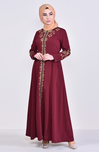 MISS VALLE  Embroidered Zippered Abaya 8981-04 Bordeaux 8981-04
