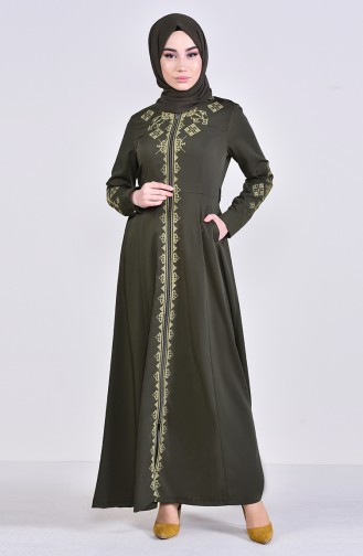 MISS VALLE  Embroidered Zippered Abaya 8981-05 Khaki 8981-05