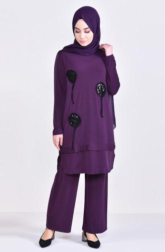 Sequin Detailed Tunic Pants Binary Suit 9026-04 Purple 9026-04