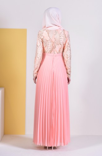 Pleated Detailed Lace Evening Dress 8384-04 Salmon 8384-04