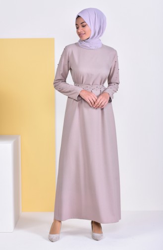 İncili Kuşaklı Elbise 6003-02 Vizon
