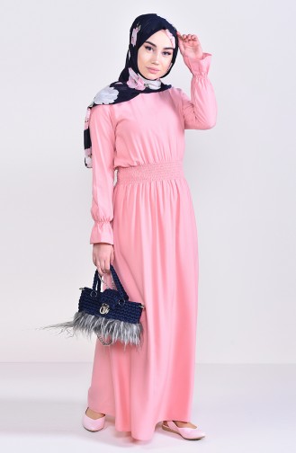فستان فيسكوز بتصميم مزموم عند الخصر 8226-01 لون وردي 8226-01
