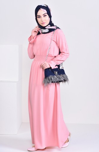 فستان فيسكوز بتصميم مزموم عند الخصر 8226-01 لون وردي 8226-01