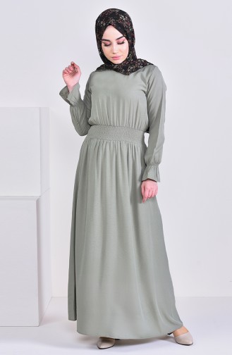 فستان فيسكوز بتصميم مزموم عند الخصر 8226-04 لون اخضر كاكي 8226-04