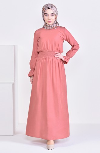 فستان فيسكوز بتصميم مزموم عند الخصر 8226-07 لون عسلي مائل للبرتقالي 8226-07