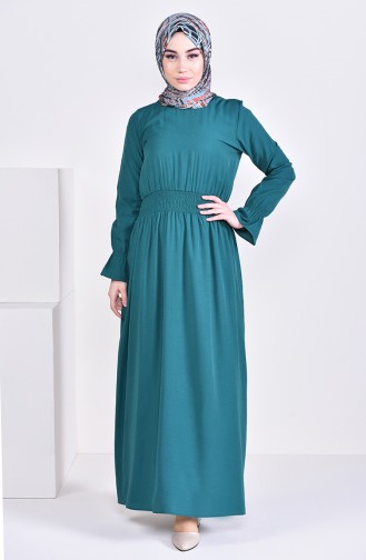 فستان فيسكوز بتصميم مزموم عند الخصر 8226-08 لون اخضر زمردي 8226-08