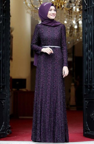 Belted Evening Dress 3190-03 Purple 3190-03