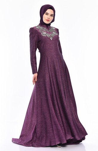 Stone Detailed Silvery Evening Dress 7057-02 Purple 7057-02