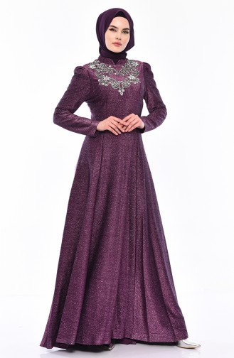 Stone Detailed Silvery Evening Dress 7057-02 Purple 7057-02