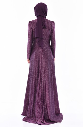 Stone Detailed Silvery Evening Dress 7057-02 Purple 7057-02