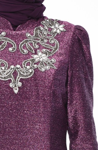 Stone Detailed Silvery Evening Dress 7057-02 Purple 7057-02