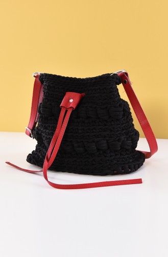 Cotton Knitted Handl & Shoulder Bag 2002-01 Red Black 2002-01