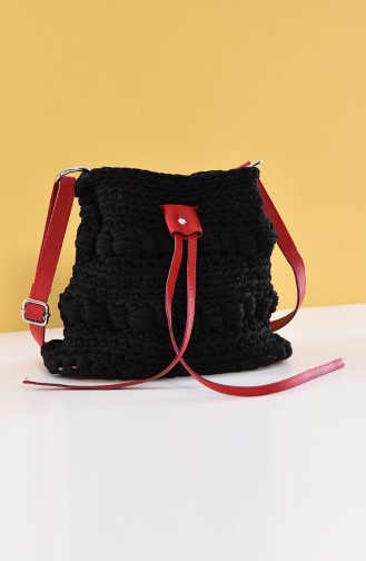 Cotton Knitted Handl & Shoulder Bag 2002-01 Red Black 2002-01