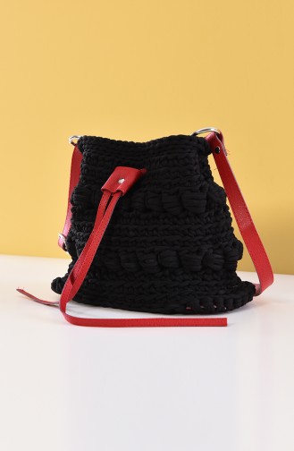 Cotton Knitted Handl & Shoulder Bag 2002-01 Red Black 2002-01