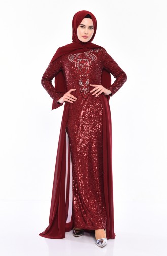 Sequin Detailed Evening Dress 52724-04 Bordeaux 52724-04