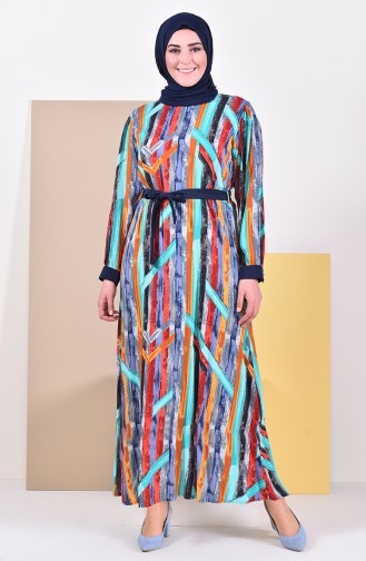 فستان فيسكوز بتصميم مُطبع وبمقاسات كبيرة 4477-03 لون اخضر وكحلي 4477-03