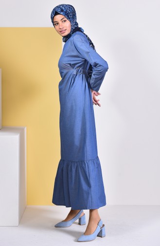 Kuşaklı Elbise 5253A-01 Kot Mavi