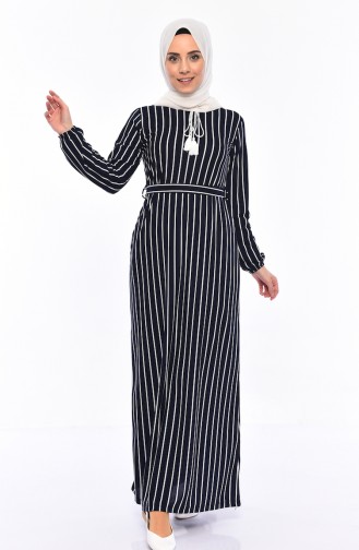 Striped Belted Dress 4170-07 Dark Navy Blue 4170-07