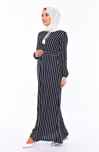 Striped Belted Dress 4170-07 Dark Navy Blue 4170-07