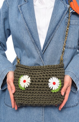 Cotton Knitted Flower Detailed Shoulder Bag 2019-01 Khaki Green 2019-01