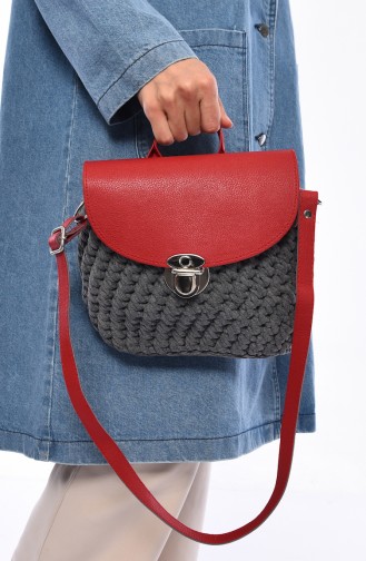 Cotton Knitted Hand &Shoulder Bag 2022-01 Gray Red 2022-01