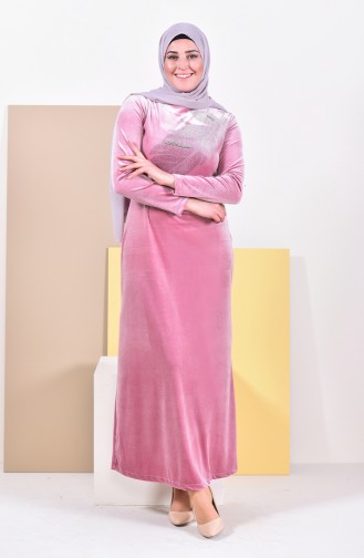 Büyük Beden Taş Baskılı Kadife Elbise 0022-05 Pudra