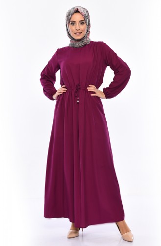 Beli Büzgülü Elbise 1200-02 Mürdüm