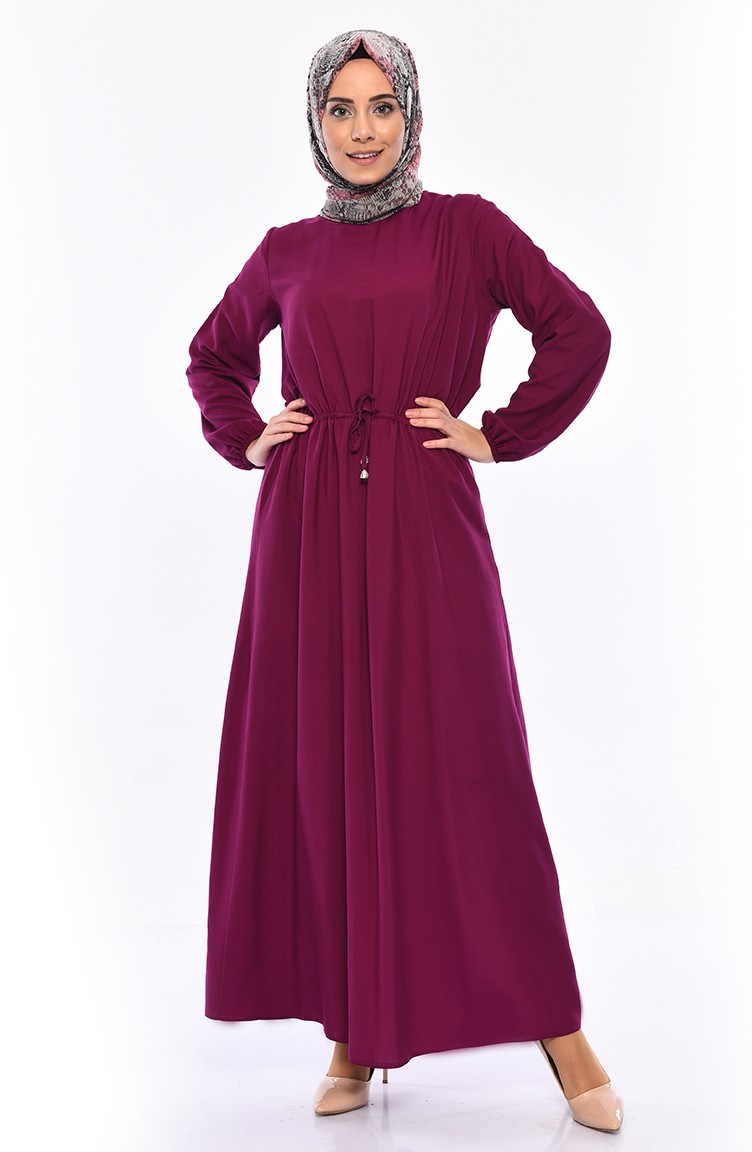 Beli Büzgülü Elbise 1200-02 Mürdüm