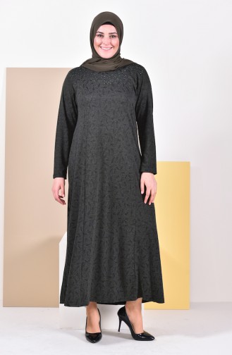 فستان بتصميم مُطبع بأحجار لامعة و بمقاسات كبيرة  4426 D-04 لون أخضر كاكي 4426D-04