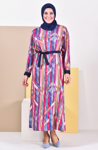 فستان فيسكوز بتصميم مُطبع وبمقاسات كبيرة 4477-02 لون ارجواني وازرق 4477-02