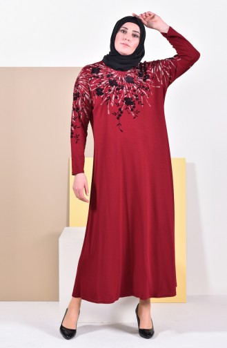 فستان بتصميم مُطبع وبمقاسات كبيرة 4494-02 لون خمري 4494-02