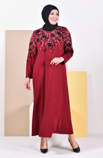 فستان بتصميم مُطبع وبمقاسات كبيرة 4494-02 لون خمري 4494-02