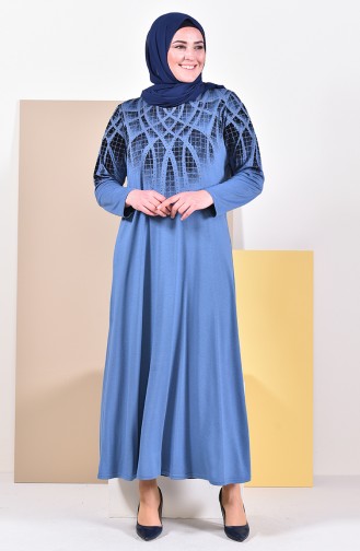 فستان كاجوال بتصميم مُطبع وبمقاسات كبيرة 4833-11 لون ازرق 4833-11