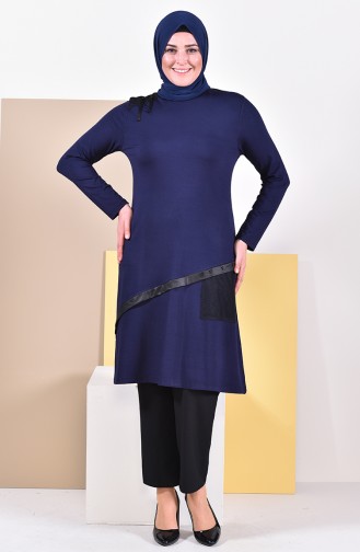 Leather Detailed Tunic 5891-01 Navy Blue 5891-01
