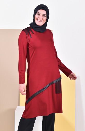 Leather Detailed Tunic 5891-03 Claret Red 5891-03