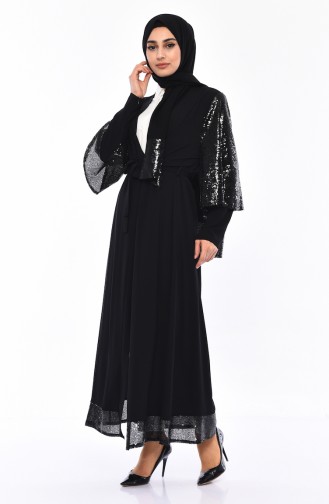 Payetli Kuşaklı Abaya 7830-01 Siyah