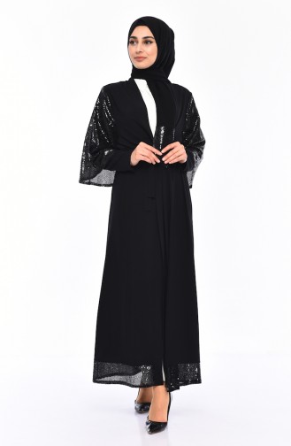 Payetli Kuşaklı Abaya 7830-01 Siyah 7830-01