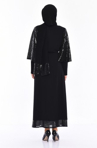 Sequined Belted Abaya 7830-01 Black 7830-01