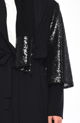 Payetli Kuşaklı Abaya 7830-01 Siyah 7830-01