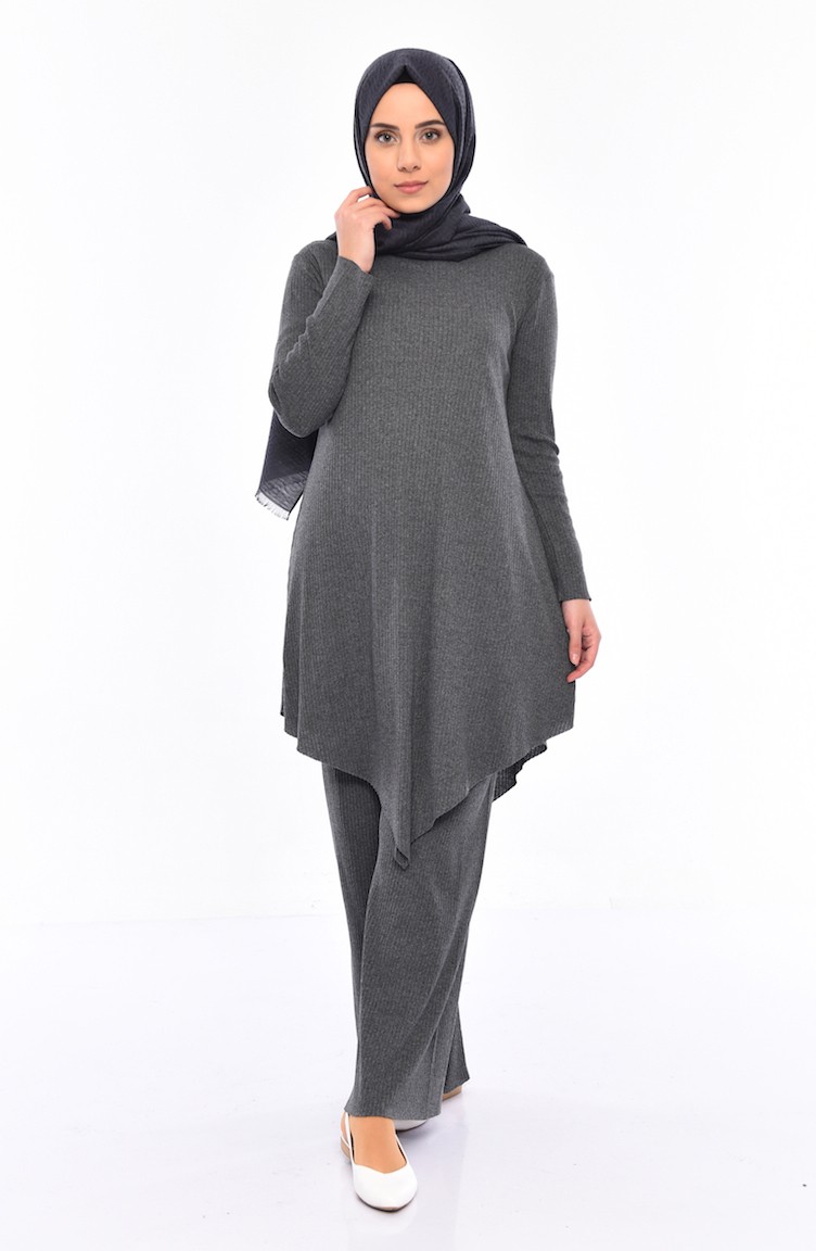 Asimetrik Tunik Pantolon İkili Takım 3399-07 Gri