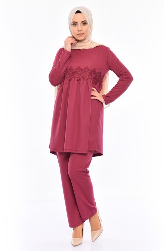 Lace Detailed Tunic Pants Binary Suit  4012-03 Dried Rose 4012-03