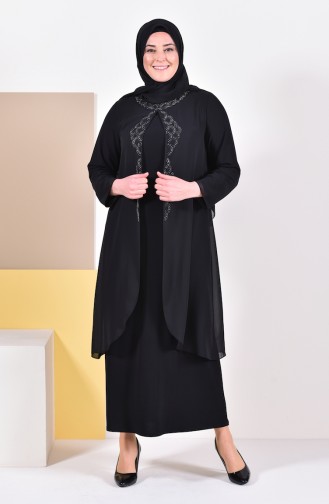 Large Size Stone Printed Evening Dress 1046-01 Black 1046-01