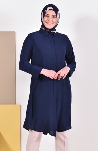 Large Size Hidden Buttoned Tunic 7235-06 Navy Blue 7235-06