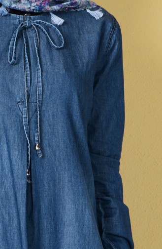 Bağcık Detaylı Kot Elbise 4401-02 Koyu Mavi